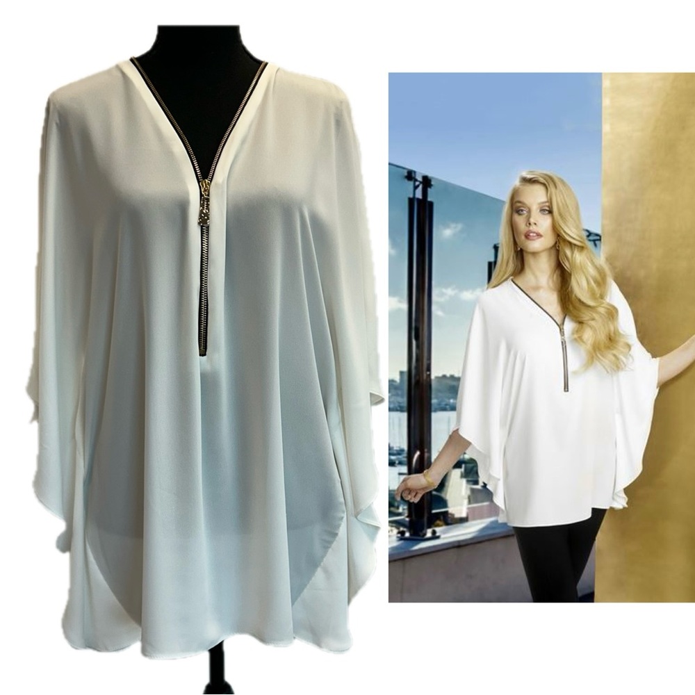 Frank Lyman white semi sheer chiffon butterfly sleeve half zip blouse top Sz S